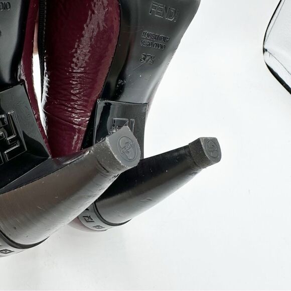 Fendi Burgundy Textured Patent‎ Peep Toe Pumps w/Bow Grosgrain Bow Sculptured 7M - Picture 15 of 16